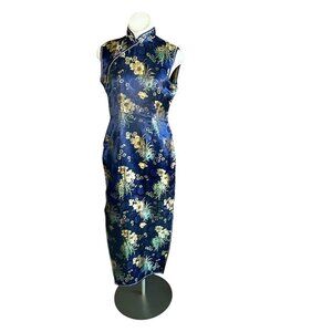 Kunto Blue Brocade Floral Sleeveless Mandarin Style  Maxi Dress Size Large